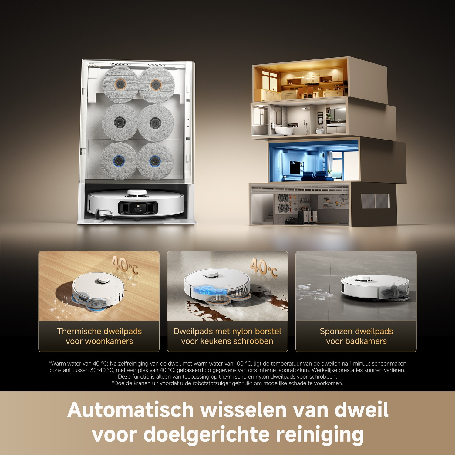 A robot vacuum with a charging station storing mop pads. Beside it are stacked room modules.