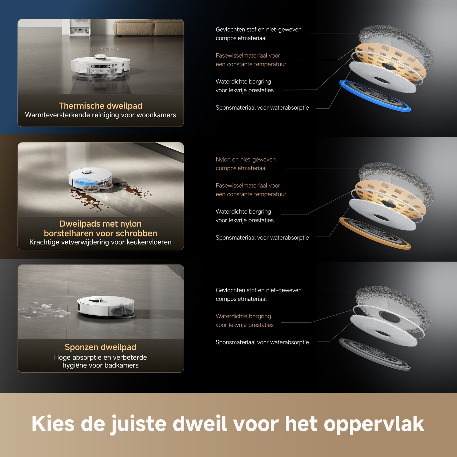 Robot vacuum with different mop pads: thermal, nylon, sponge.