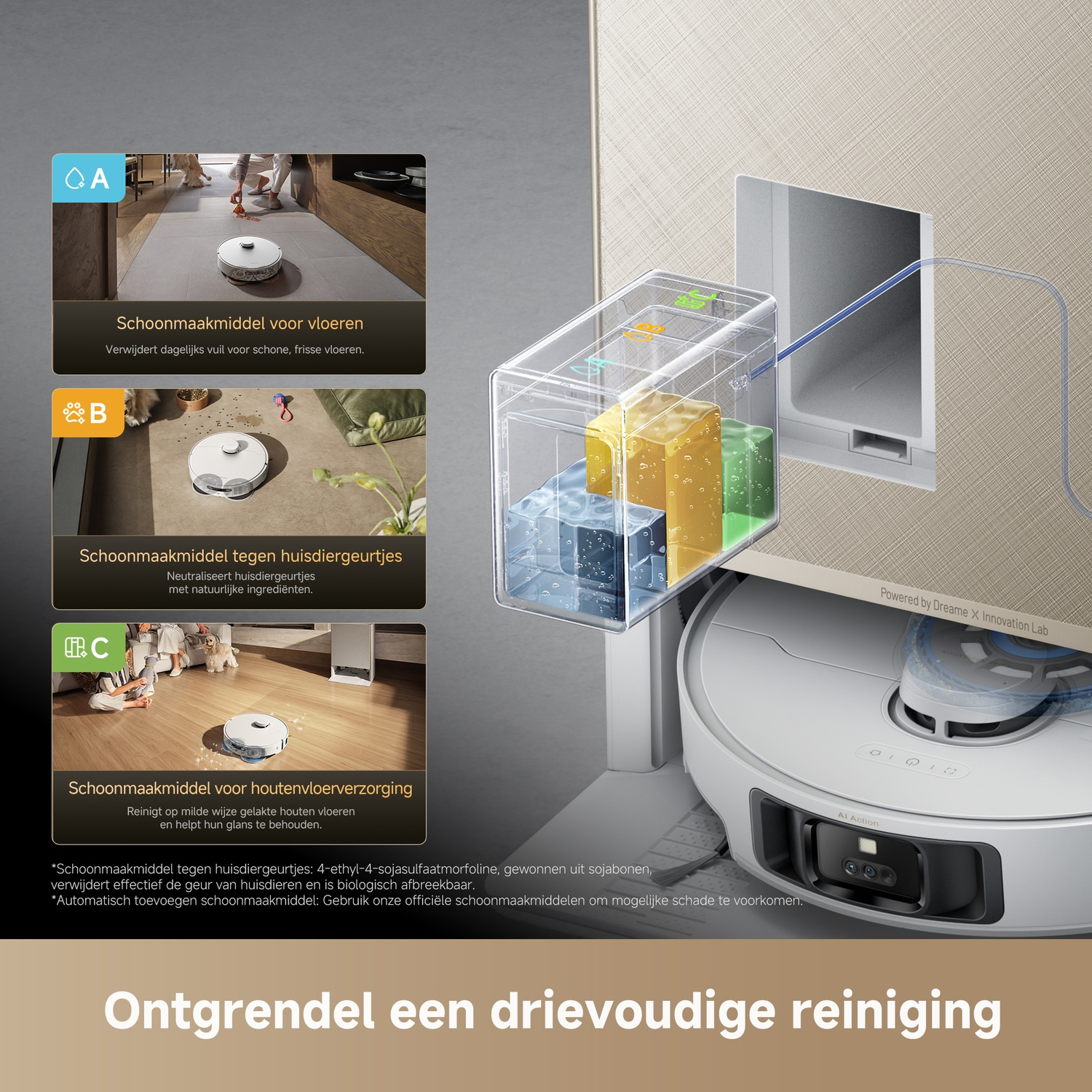 Robot vacuum with three cleaning solutions: floor, pet odor, wood care.