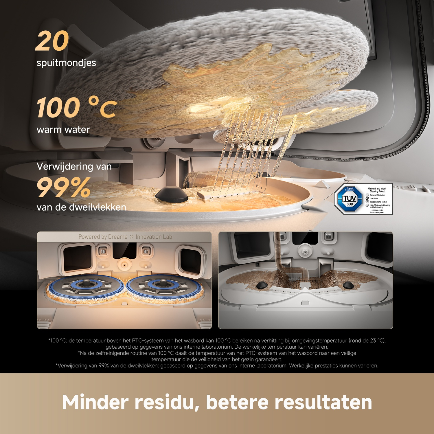 20 nozzles, 100°C warm water, removes 99% of mop stains.