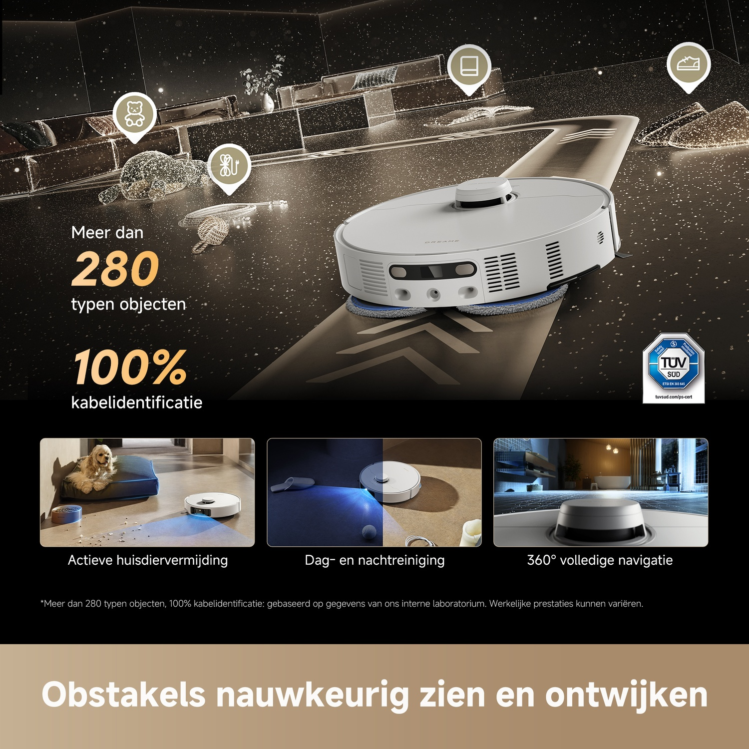 A white robot vacuum navigates a dark floor scattered with objects.