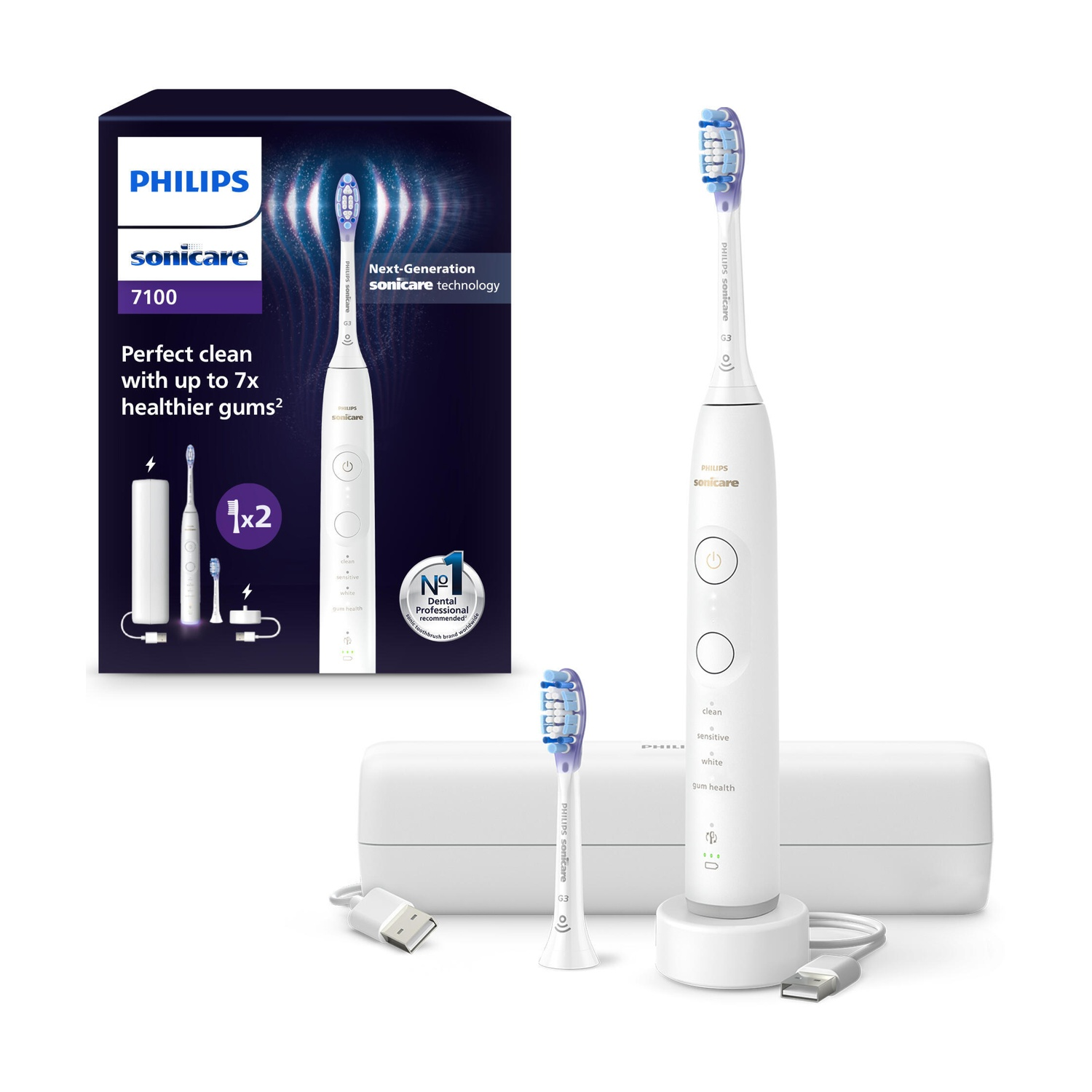 Spazzolino elettrico Philips Sonicare bianco con base di ricarica e testina di ricambio.