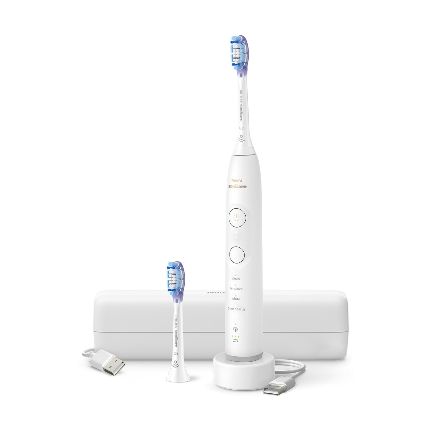 Un set di spazzolino Philips Sonicare bianco con base di ricarica e cavo USB.