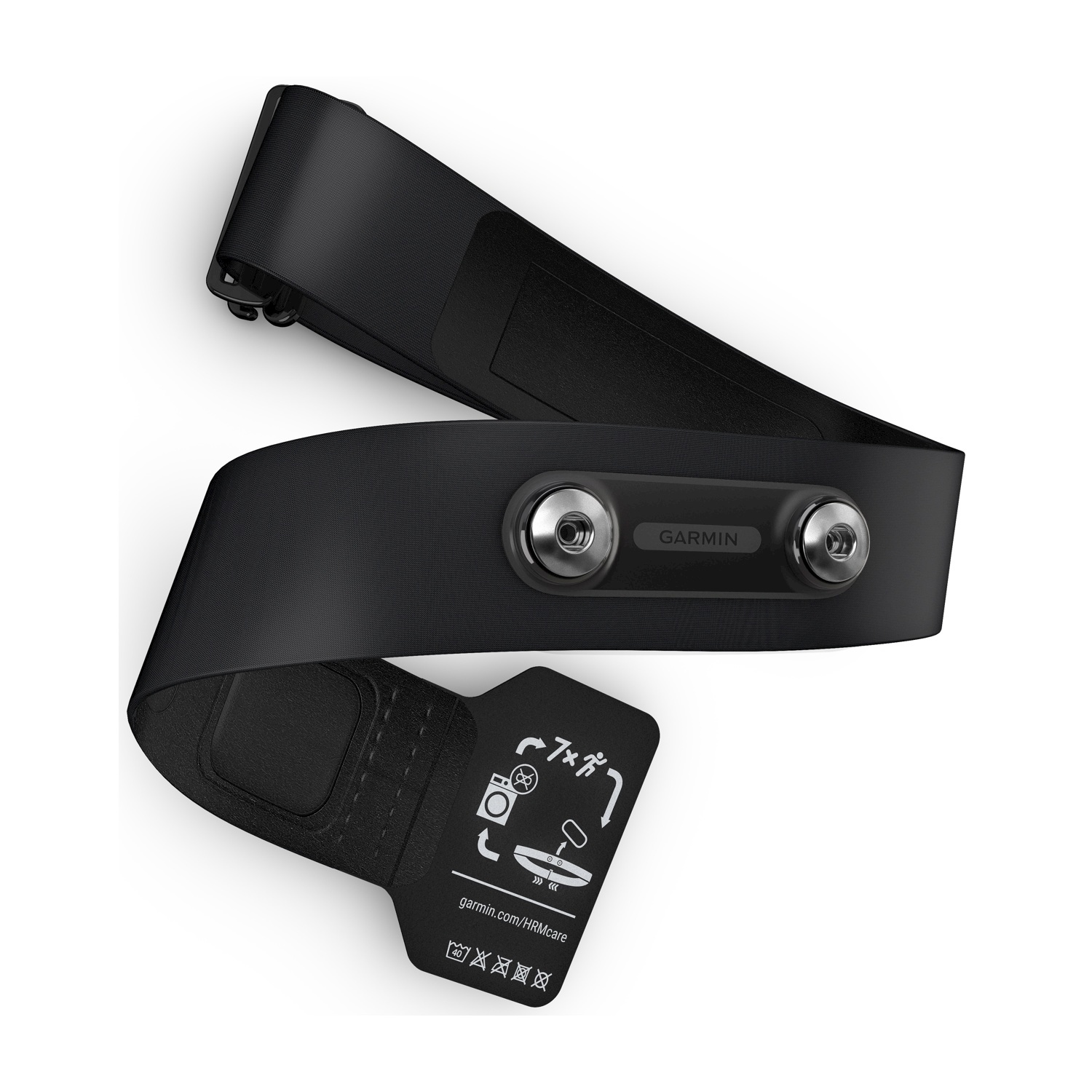 Una fascia nera Garmin per cardiofrequenzimetro con due bottoni argentati e istruzioni.