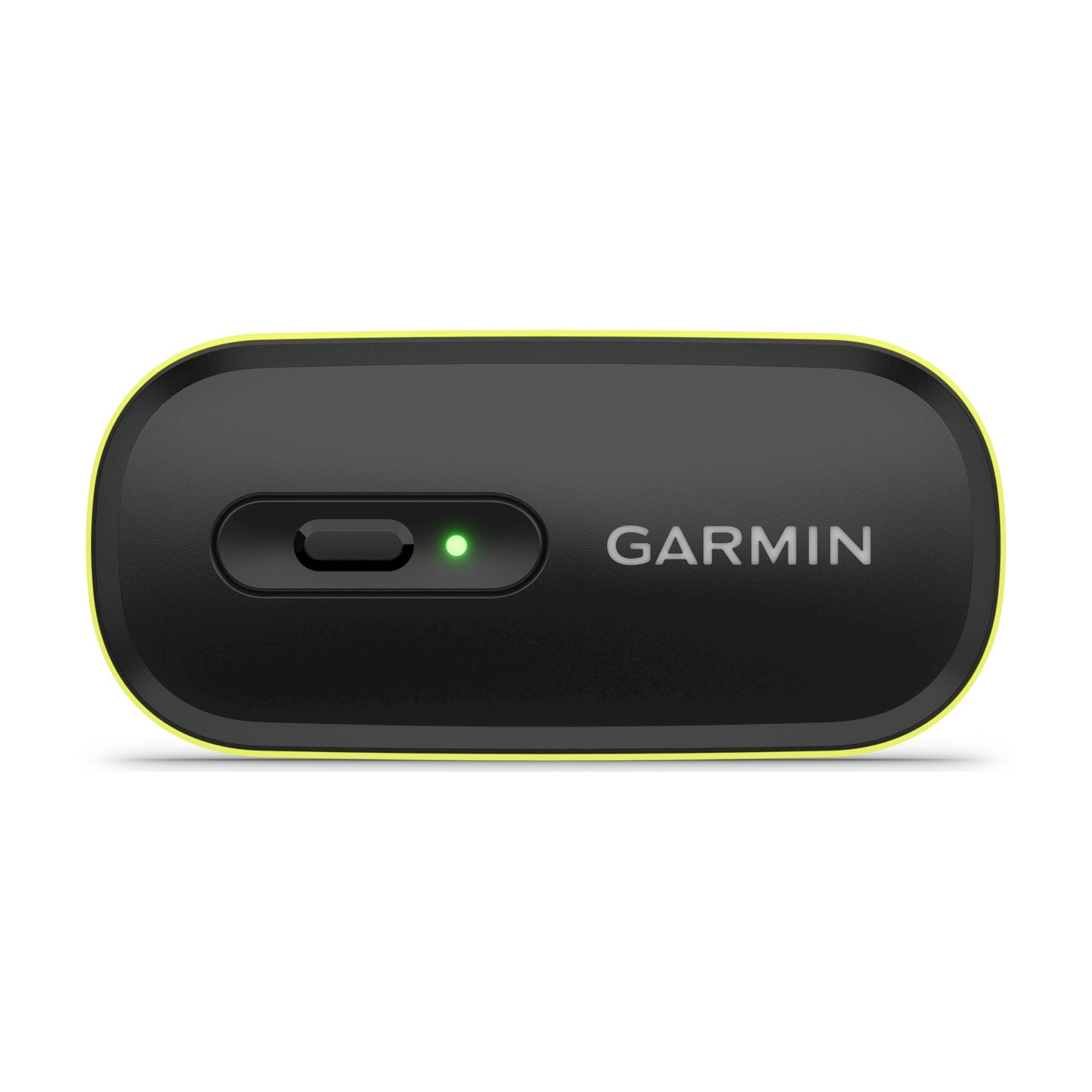 Un dispositivo Garmin nero con bordo giallo e LED verde acceso.