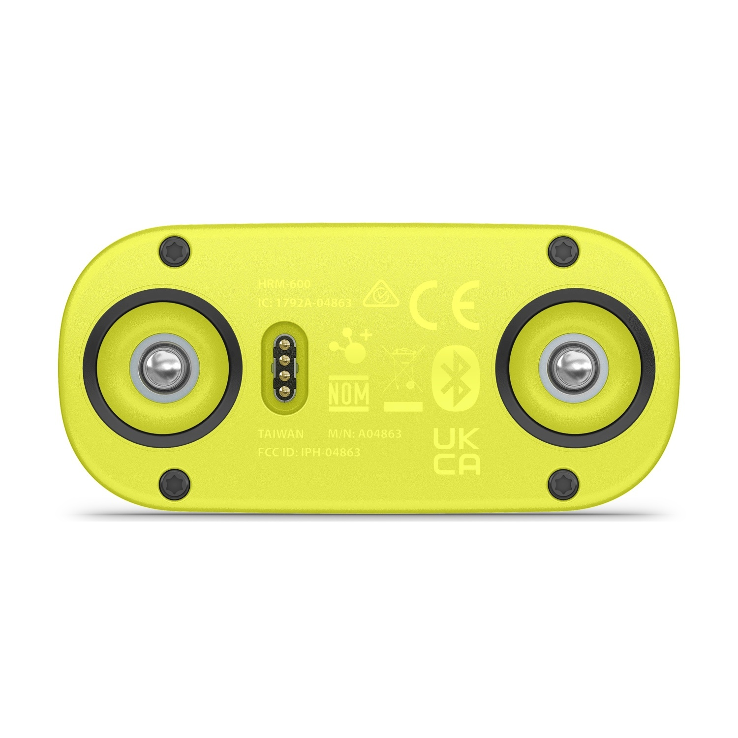 Dispositivo giallo con due porte rotonde, contatti di ricarica e marchio CE.