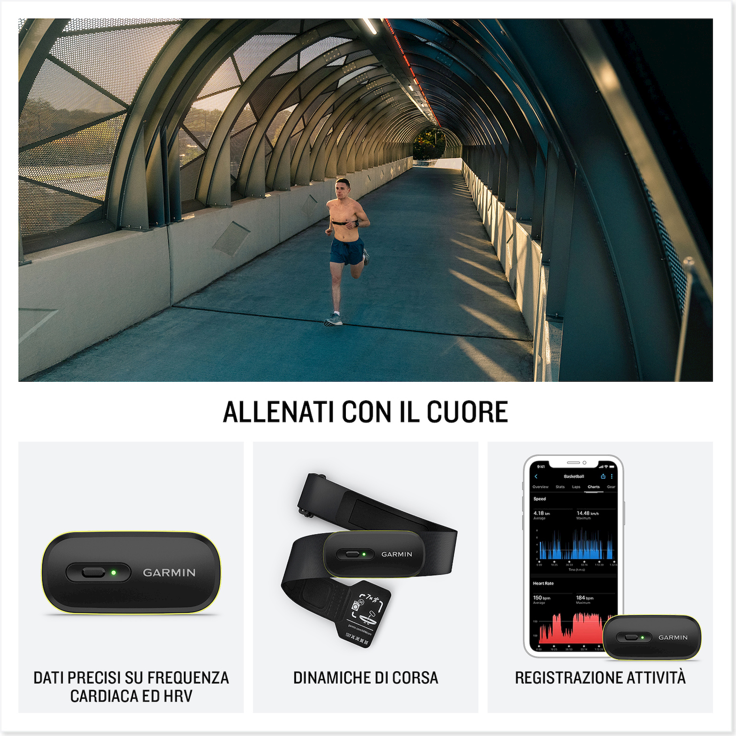 Un uomo corre in un ponte coperto con dispositivi Garmin e un display dell'app.