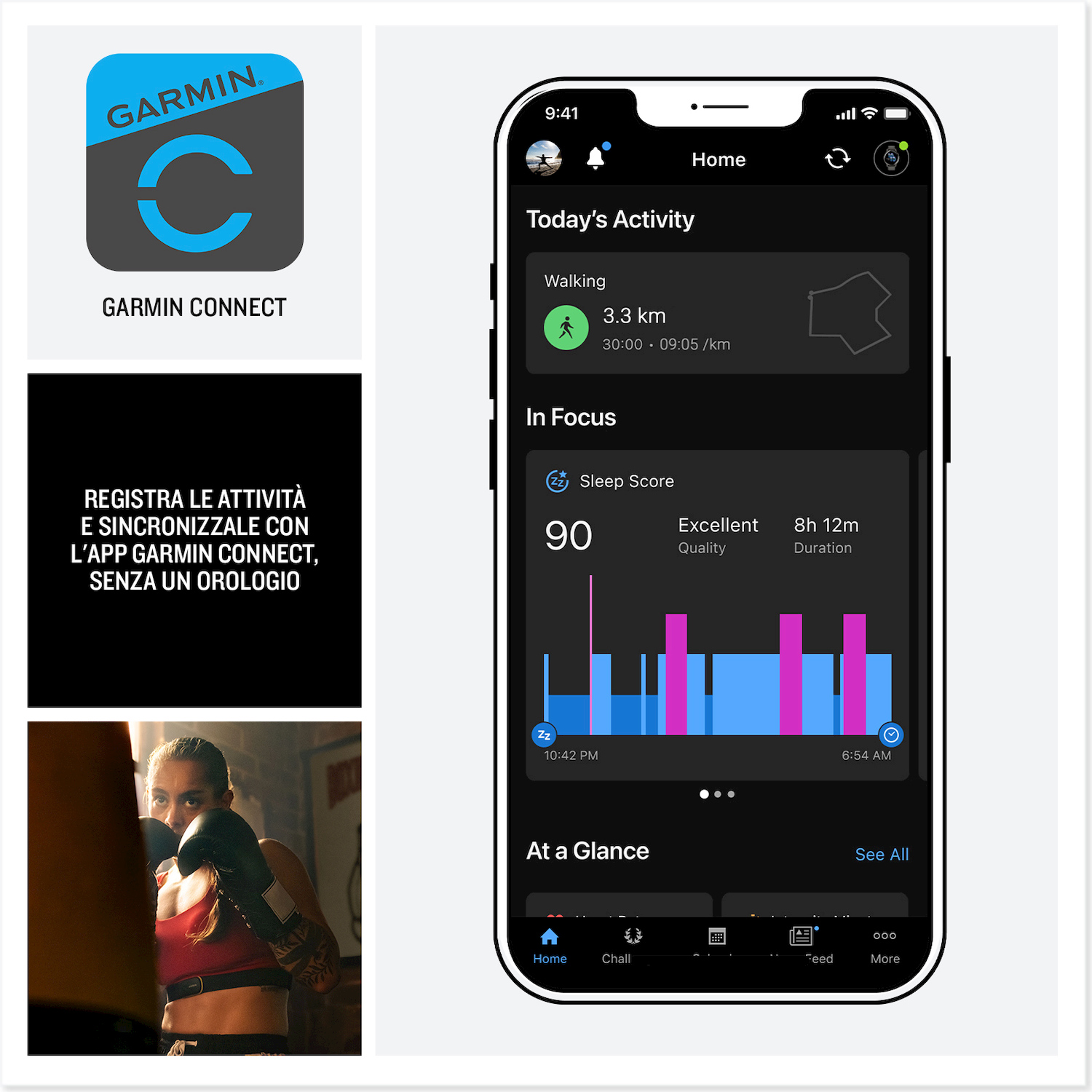 L'app Garmin Connect mostra dati attività e sonno. Una donna fa pugilato.