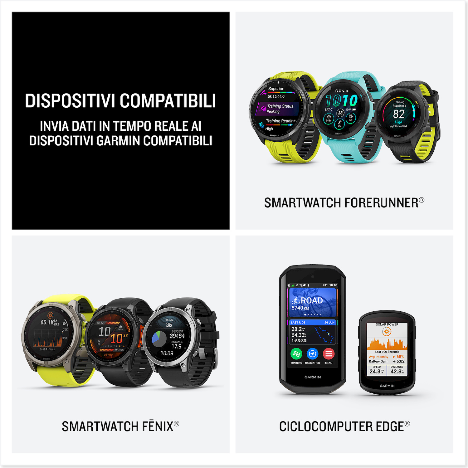 Tre smartwatch Garmin Forerunner gialli, turchesi e neri che mostrano dati sportivi.