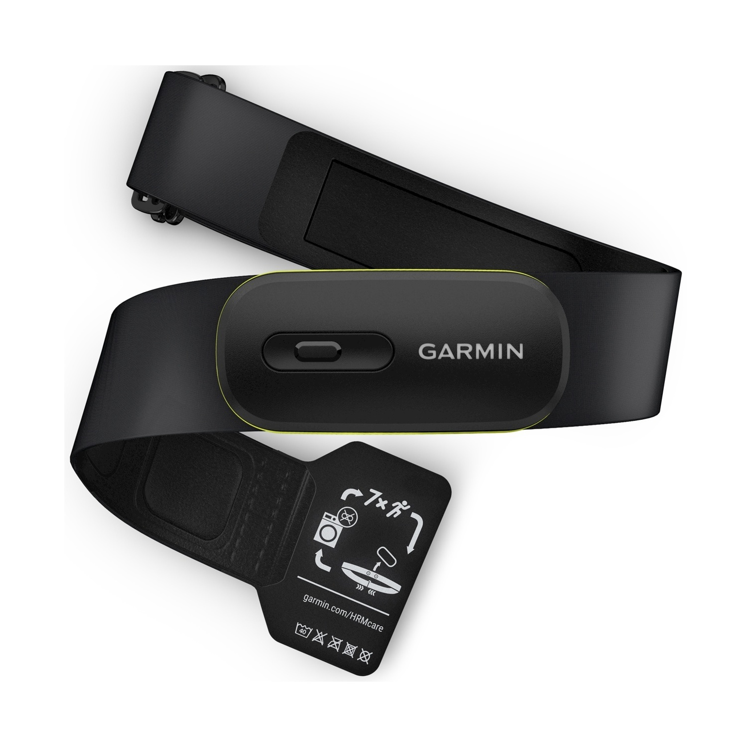 Fascia nera cardiofrequenzimetro Garmin con bordo giallo e istruzioni per la cura.
