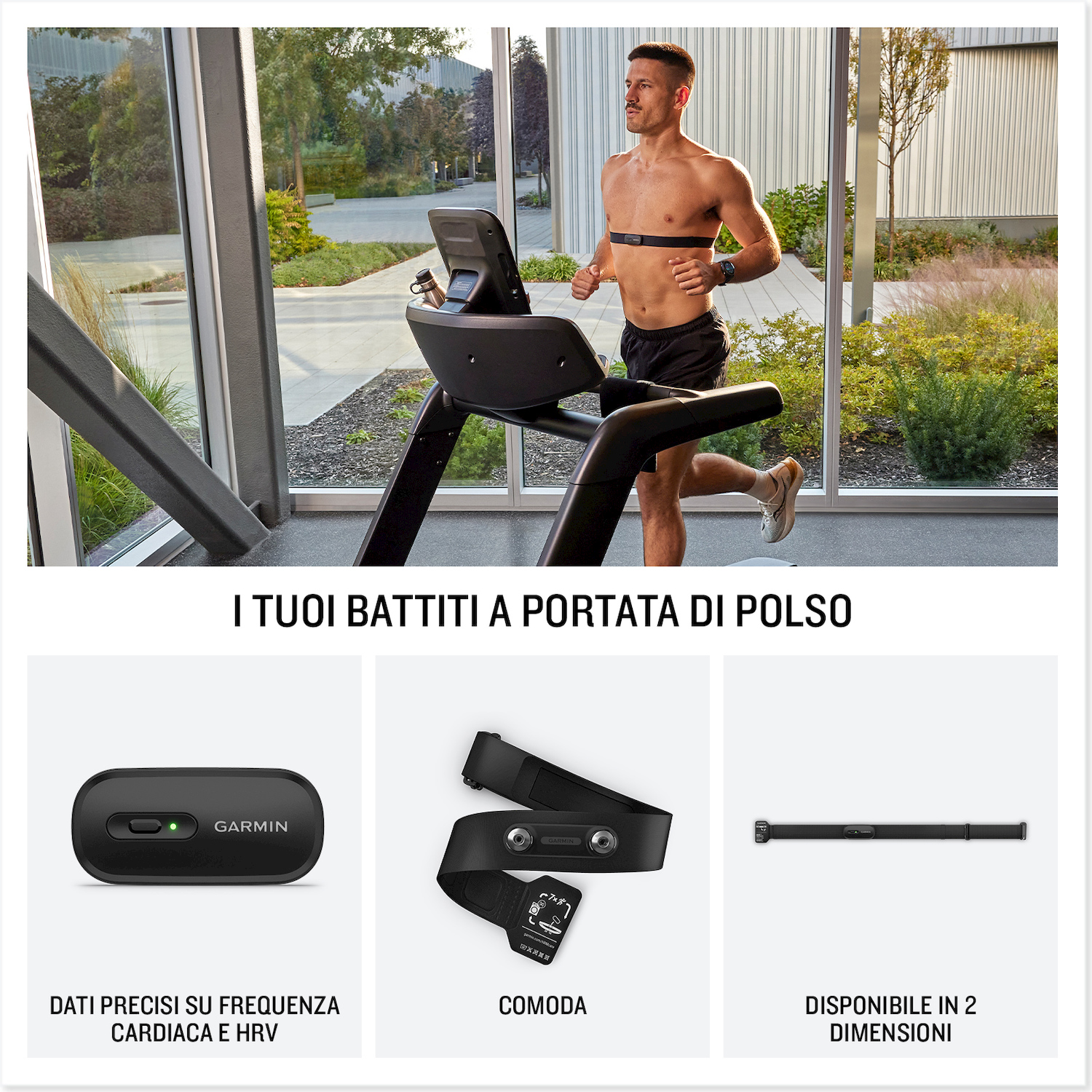 Uomo corre su tapis roulant con cardiofrequenzimetro. Tre prodotti Garmin.