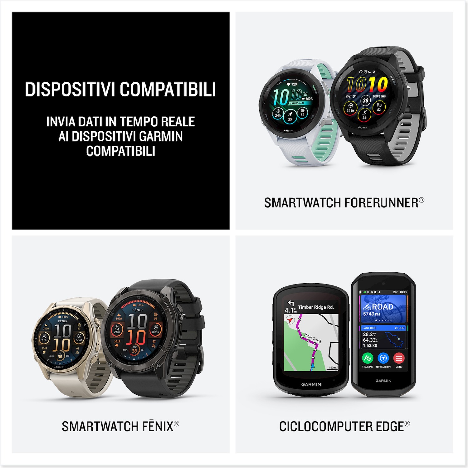 Due smartwatch Garmin Forerunner, bianca e nera, una accanto all'altra.