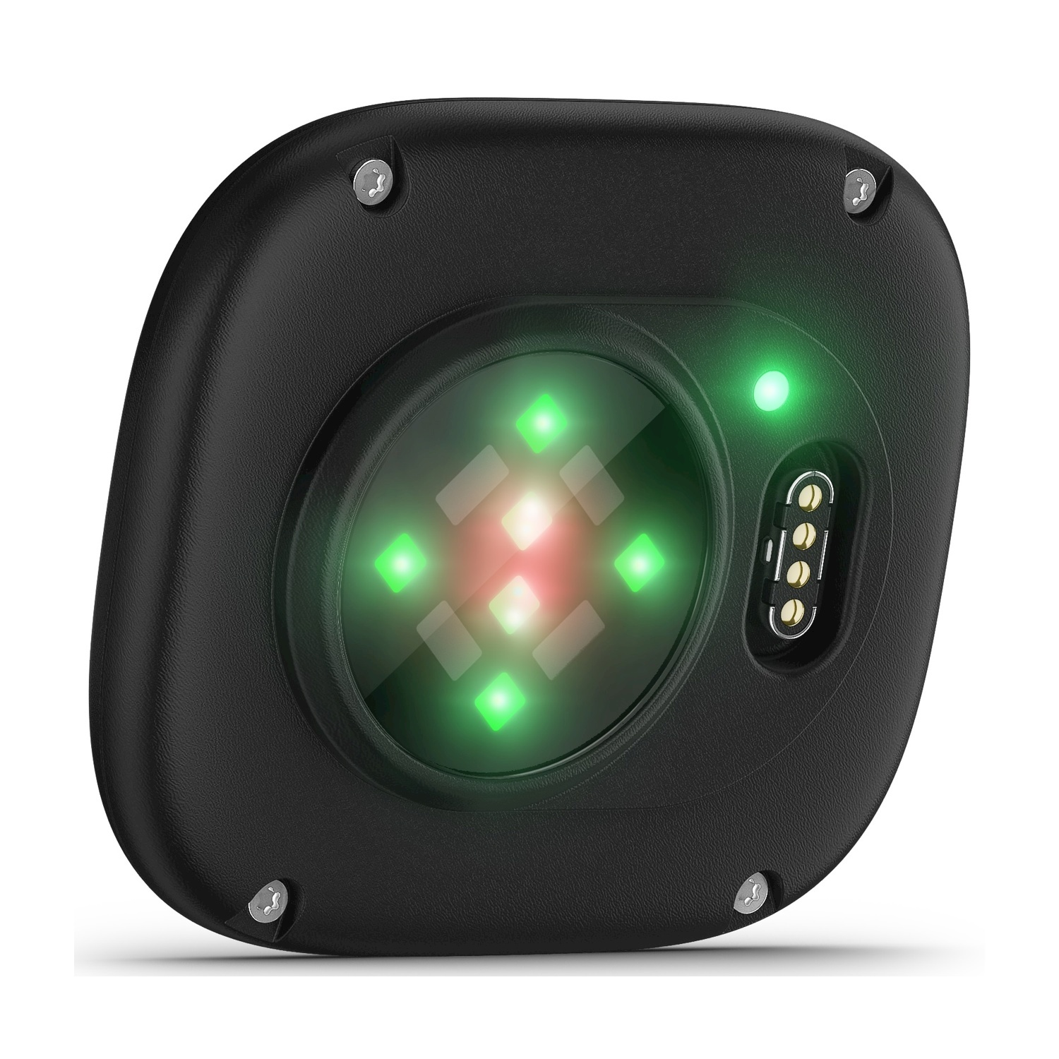 Monitor della frequenza cardiaca nero con LED verdi e rossi e contatti di ricarica.