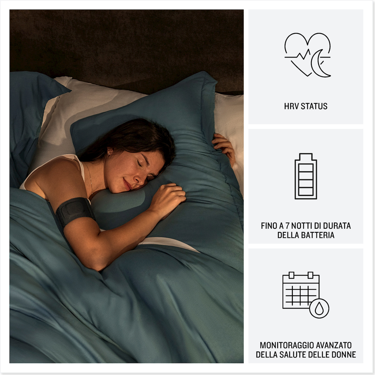Donna dorme a letto con fascia, mostra stato HRV.