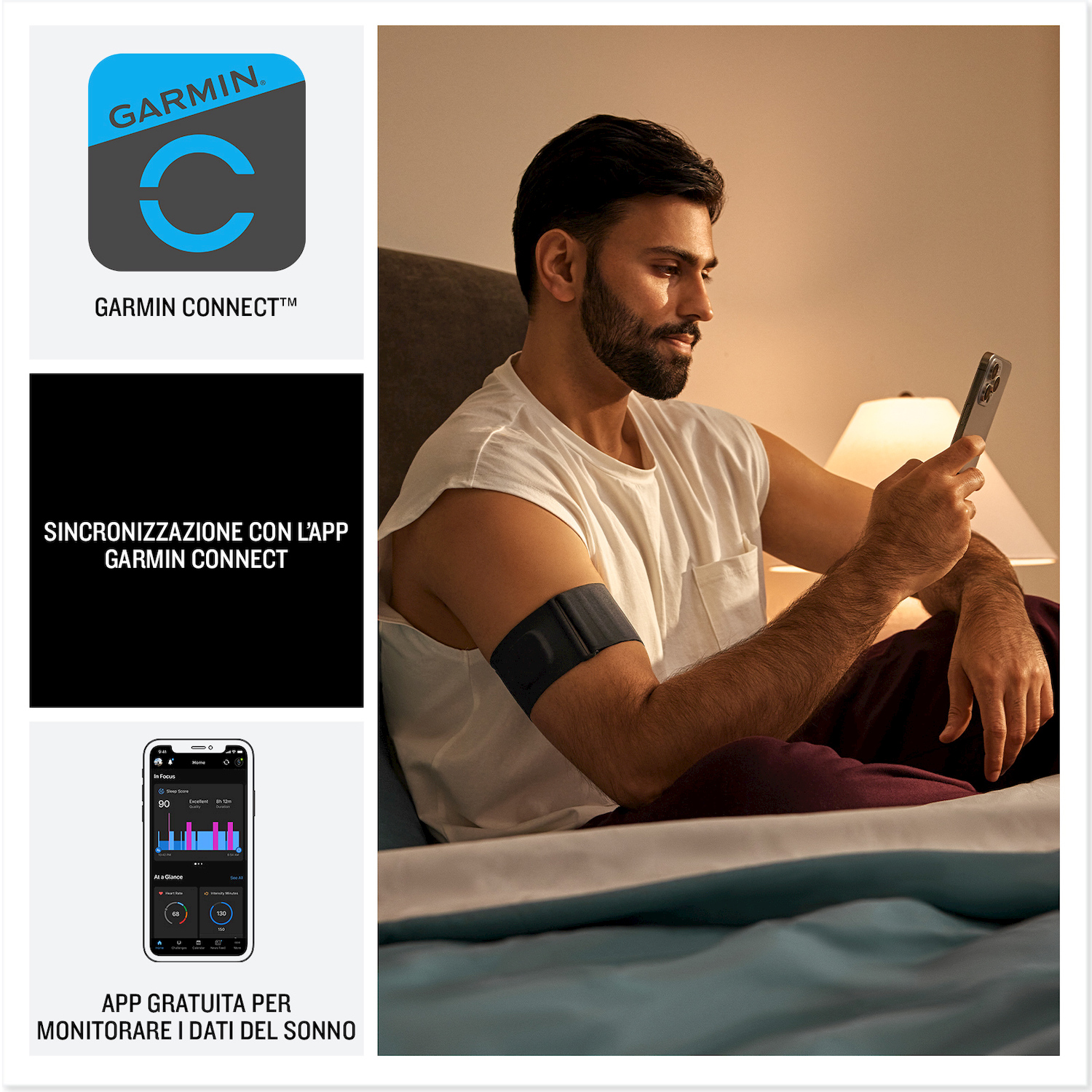Uomo a letto con dispositivo Garmin al braccio e smartphone. App Garmin Connect a sx.