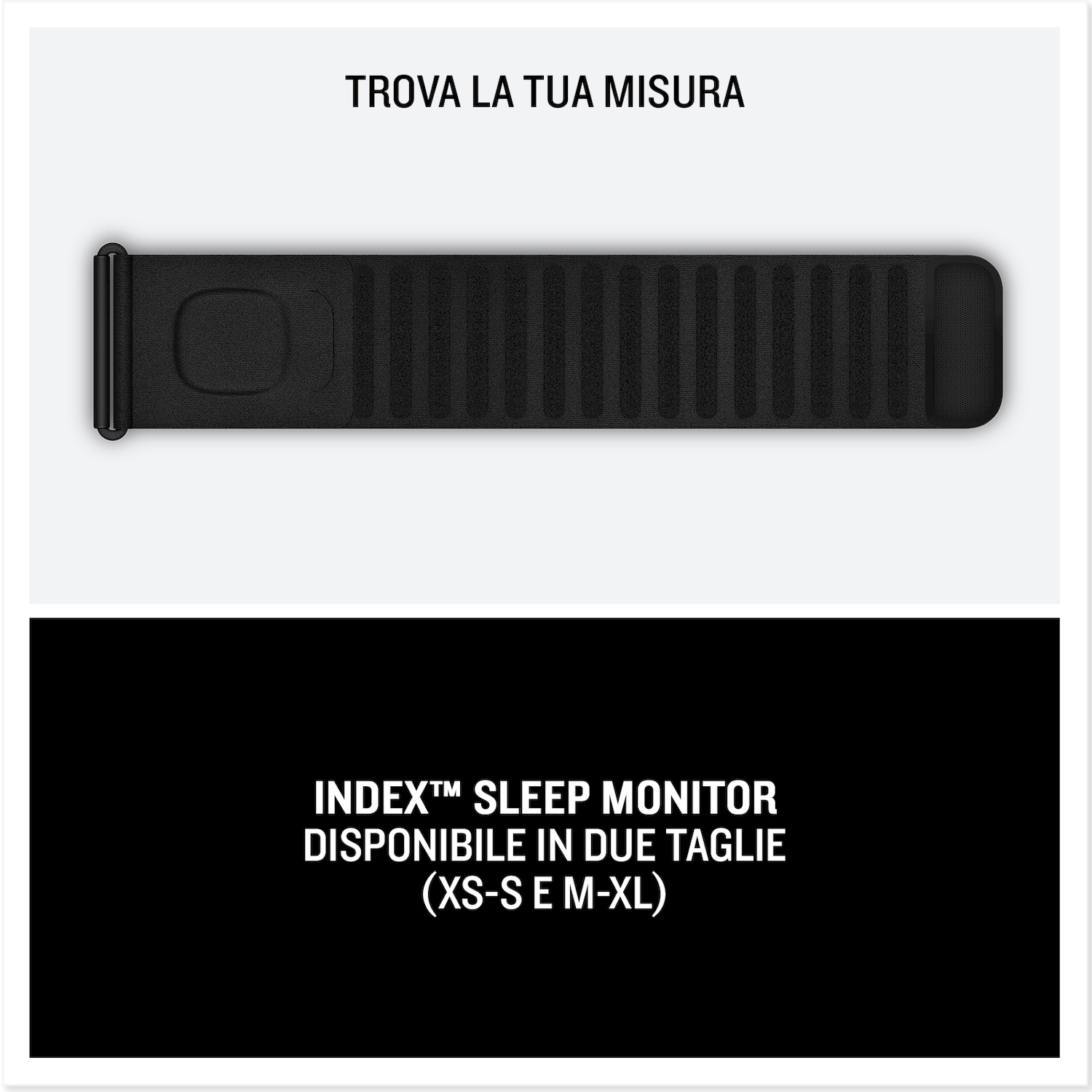 Fascia nera per monitor del sonno con texture a coste e sensore circolare.