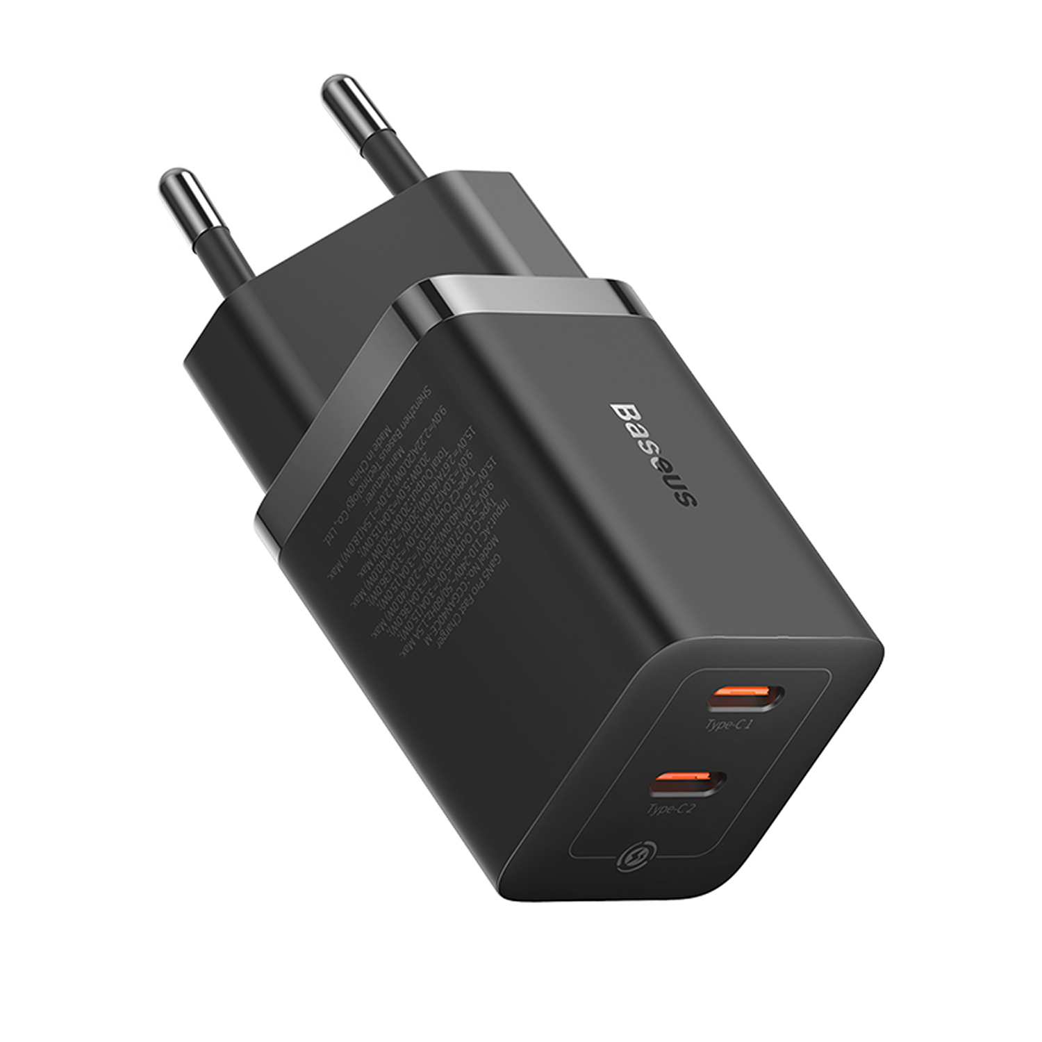 Dos cargadores rápidos Baseus GaN5 Pro negros con dos puertos USB-C.