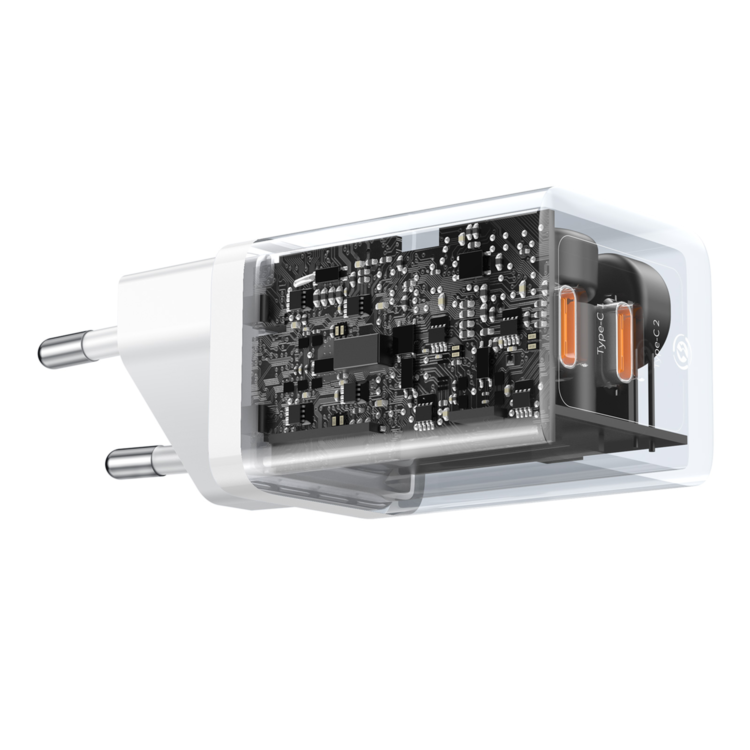 Un adaptador de cargador transparente que muestra circuitos internos y dos puertos USB-C.