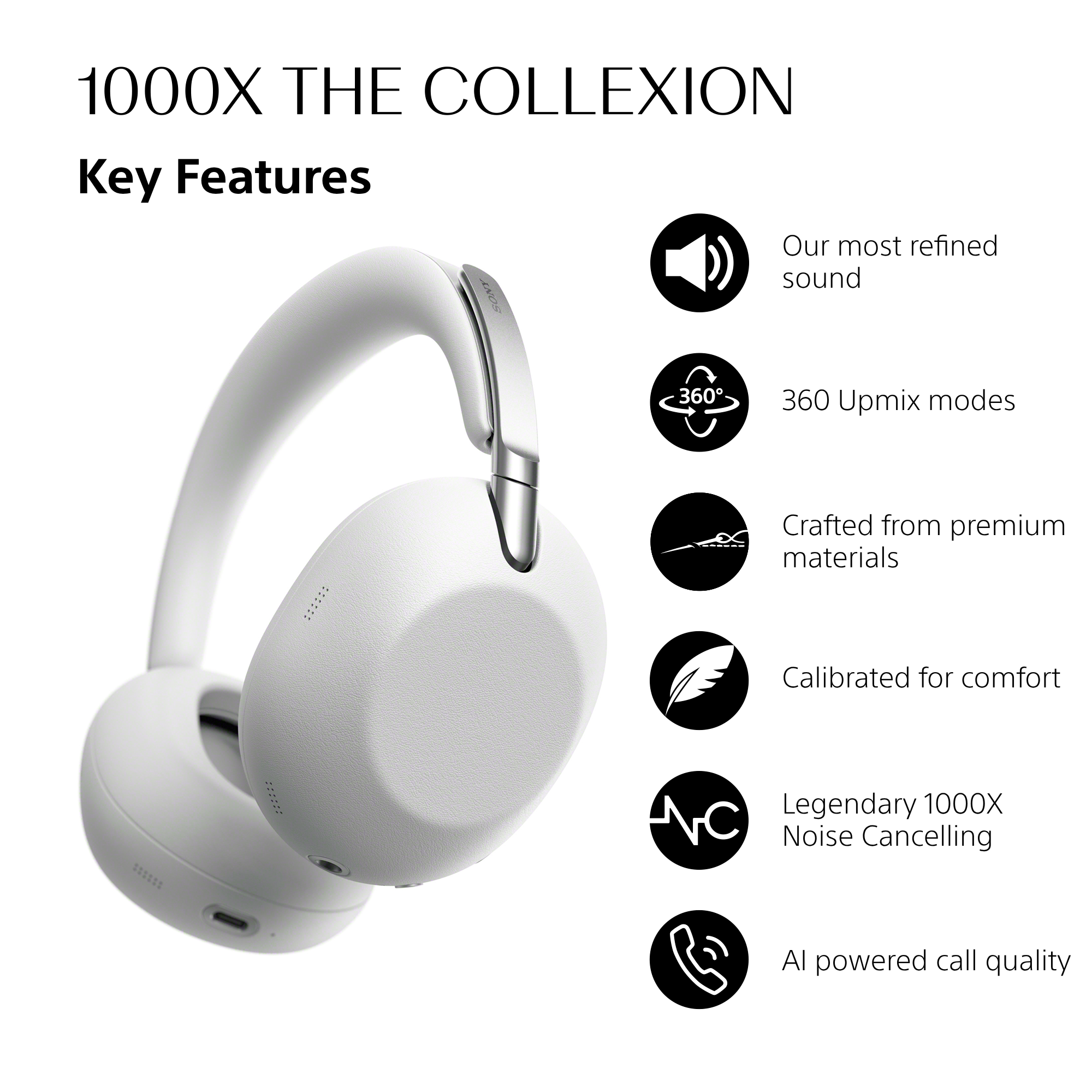 Weiße Kopfhörer mit Icons für verfeinerten Klang, 360° Upmix, Premium-Materialien, Komfort und KI-Anrufqualität.