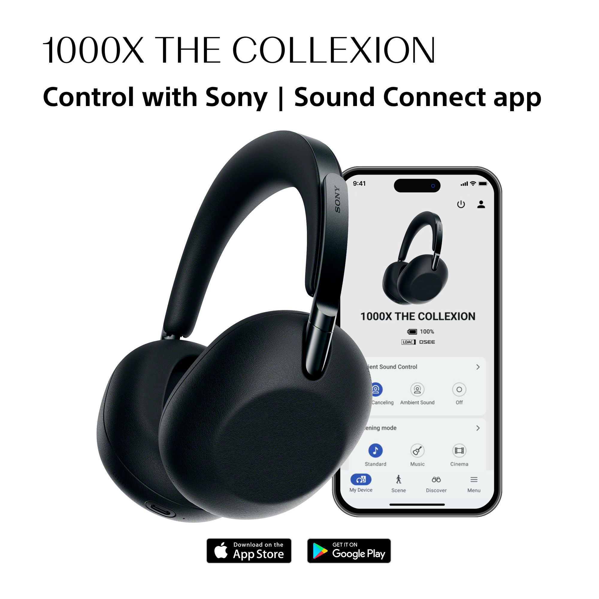 Casque Sony noir à côté d'un smartphone affichant l'application Sony.