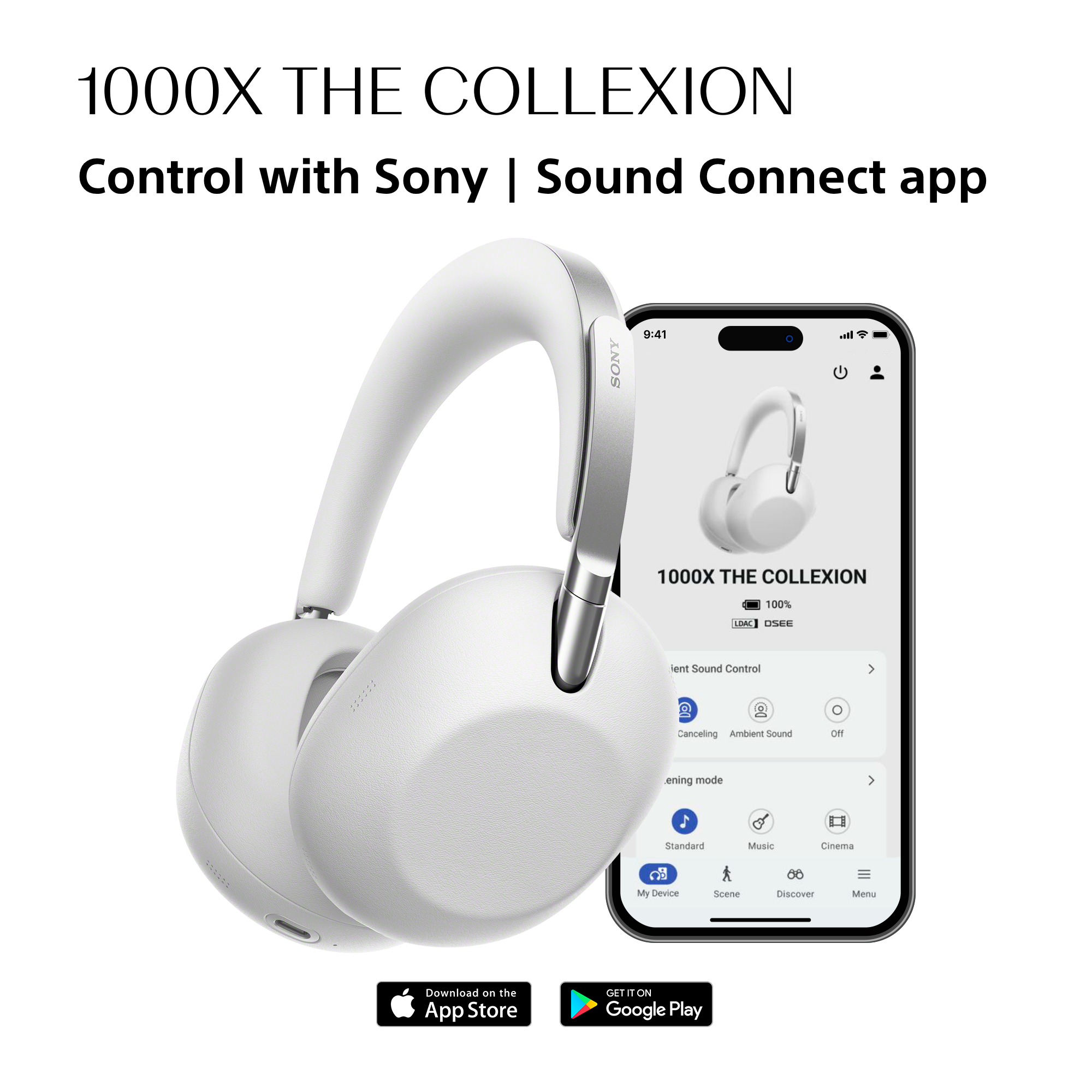 Weiße Sony Kopfhörer und ein Smartphone mit der Sony Sound Connect App.