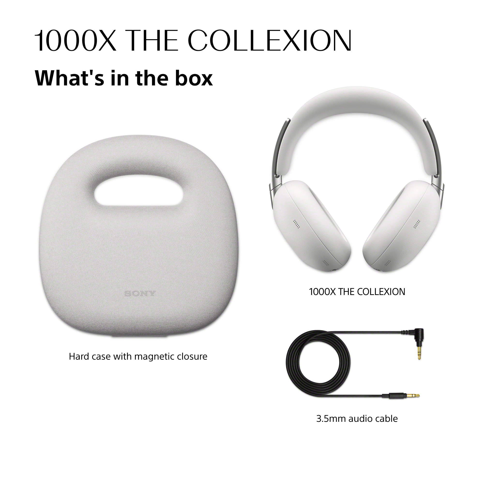 Weißes Headset, Hartschalenkoffer und Audiokabel auf weißem Hintergrund.