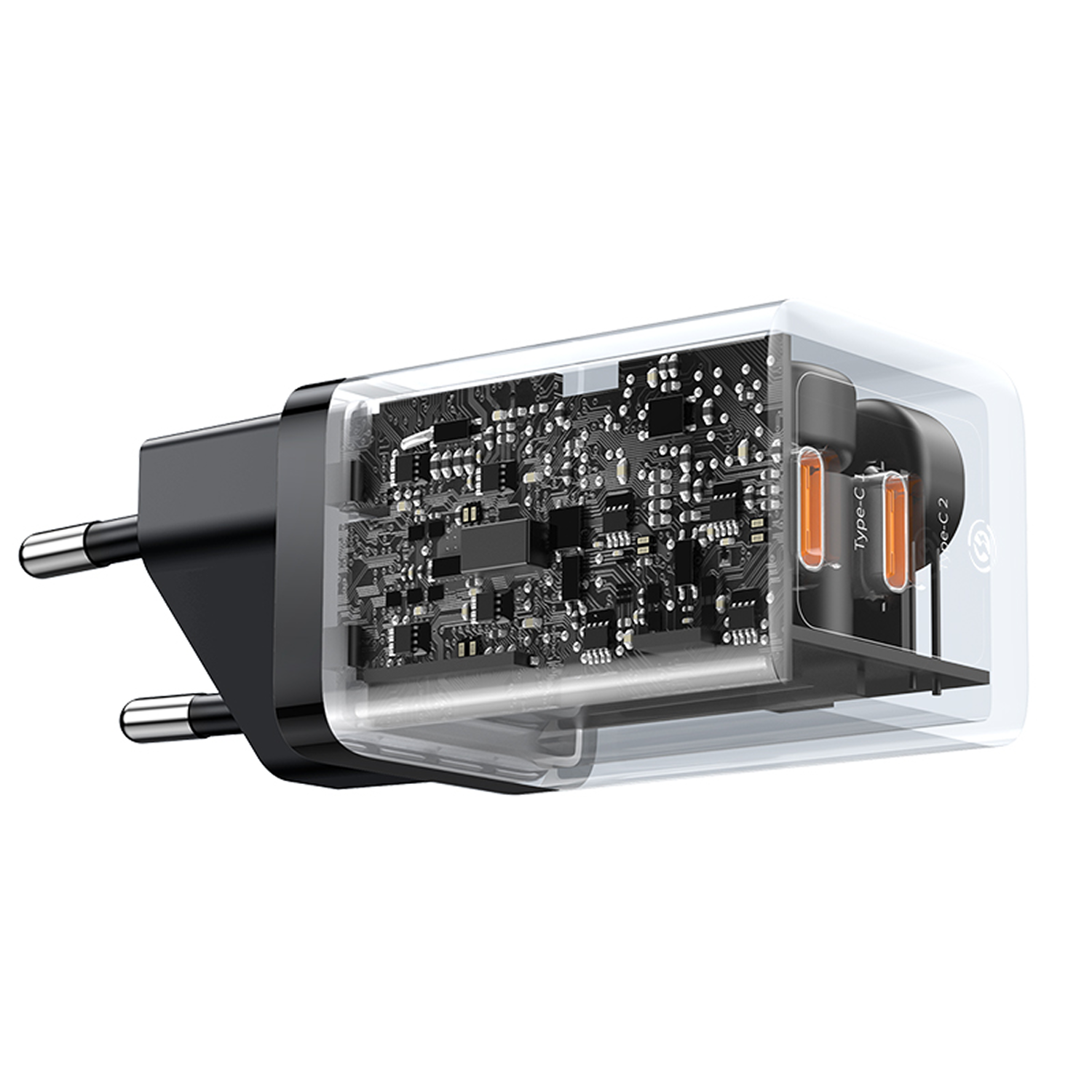 Cargador transparente con placa de circuito visible y dos puertos USB-C.