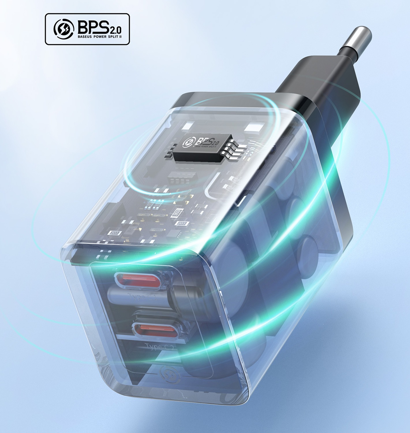 Cargador transparente con dos puertos USB-C y logo BPS 2.0.