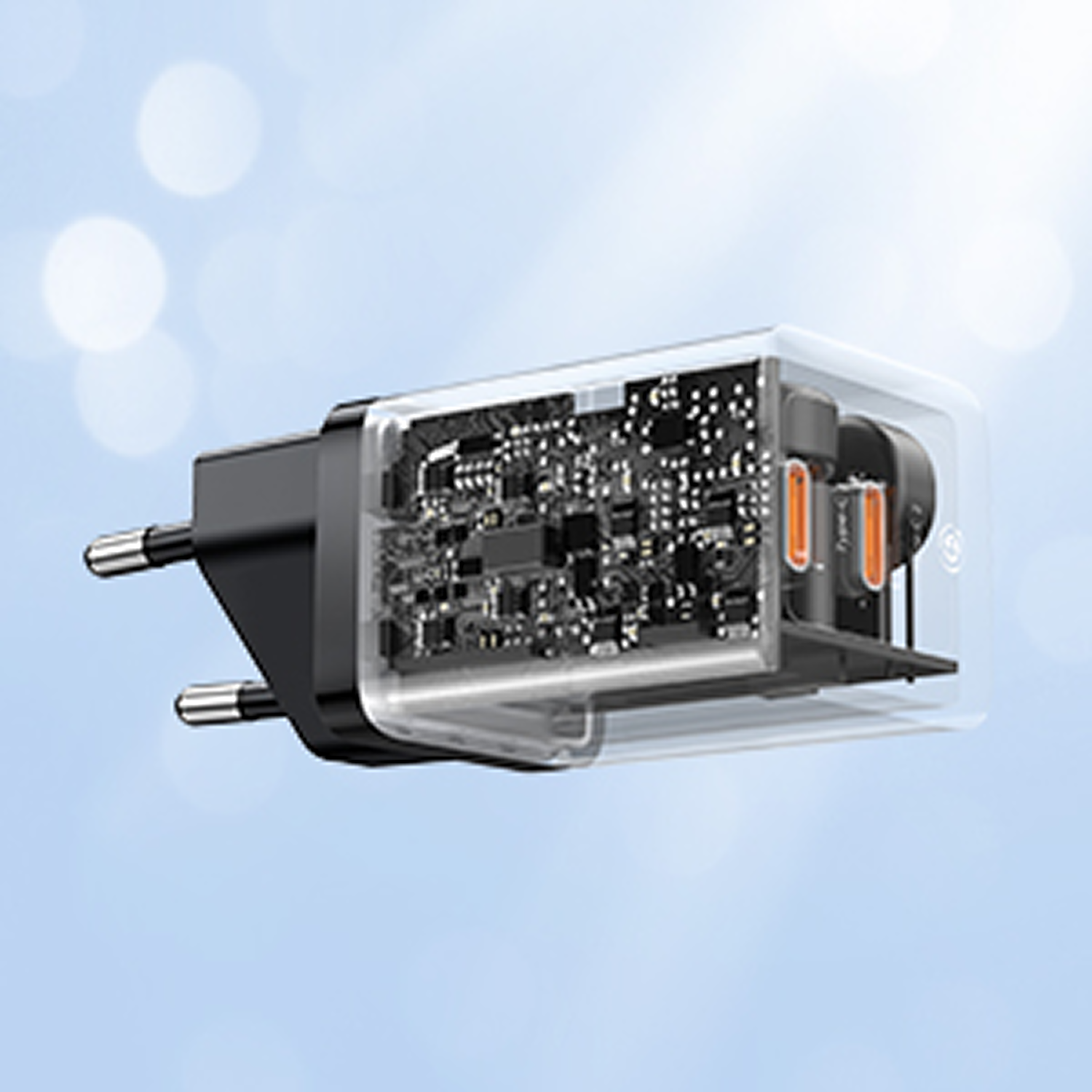 Adaptador de corriente transparente con placa de circuito visible y dos puertos USB-C.