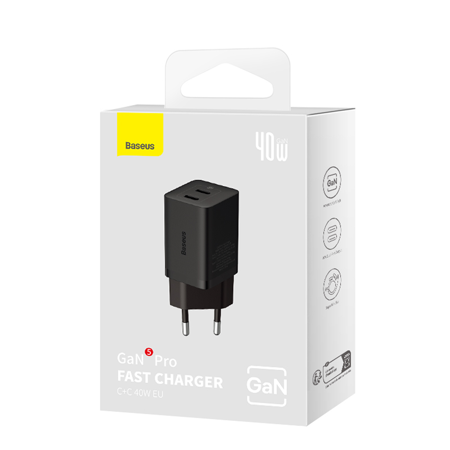 Embalaje de un cargador rápido Baseus 40W GaN Pro negro con dos puertos USB-C.