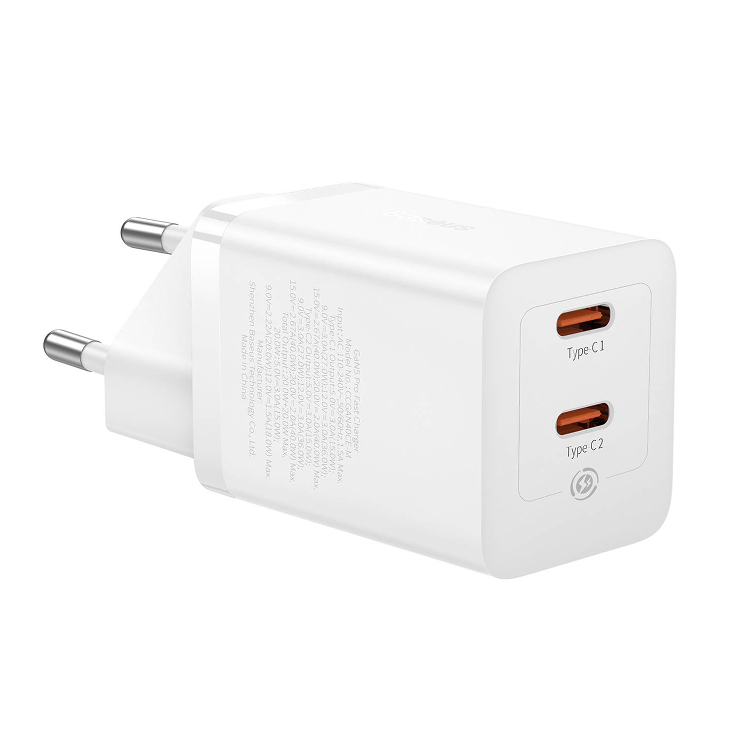 Cargador rápido blanco GaN5 Pro con dos puertos USB-C e información de carga.