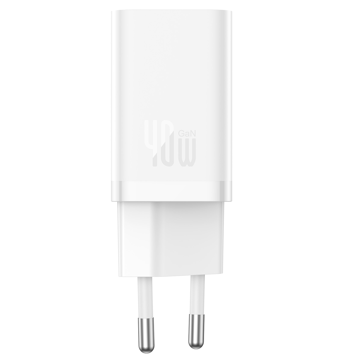 Un cargador blanco GaN de 40W con dos clavijas metálicas.