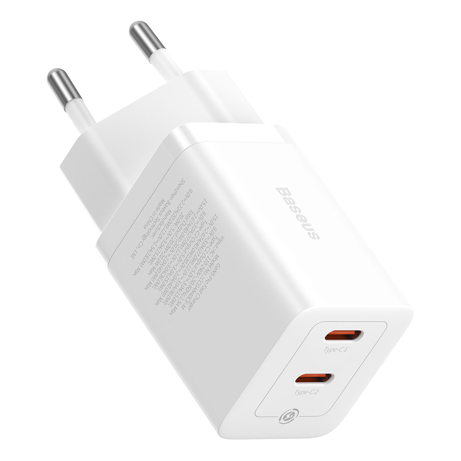 Un cargador rápido Baseus GaN5 Pro blanco con dos puertos USB-C y clavijas plateadas.