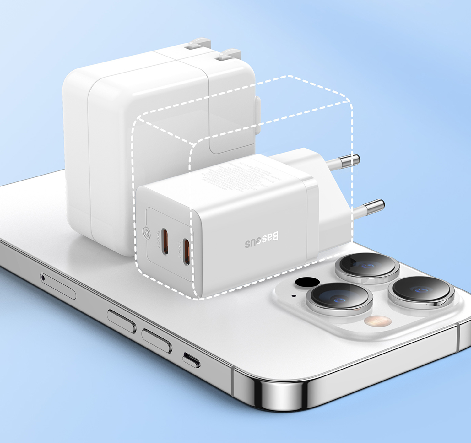 Dos cargadores blancos sobre un smartphone blanco, uno detrás del otro.