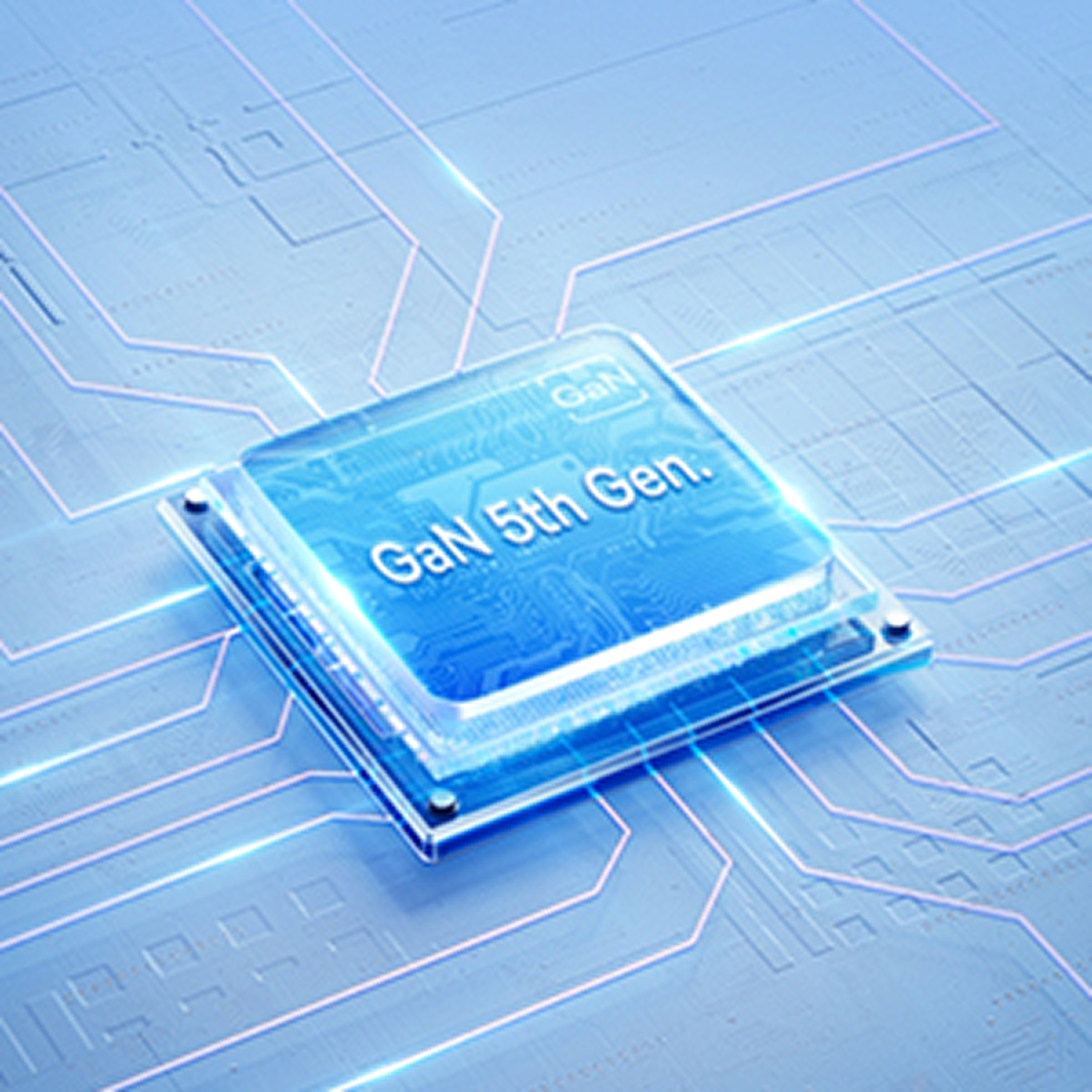Primer plano de un chip GaN 5th Gen en una placa de circuito azul con líneas brillantes.