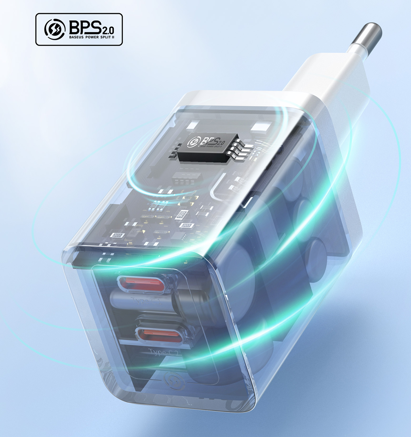 Un cargador transparente con dos puertos USB-C y un chip. Logo BPS 2.0.