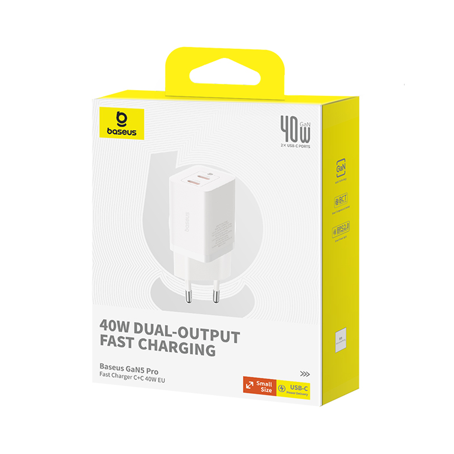 Caja del cargador rápido Baseus GaN5 Pro 40W dual-salida C+C EU. Cargador blanco con dos puertos USB-C.