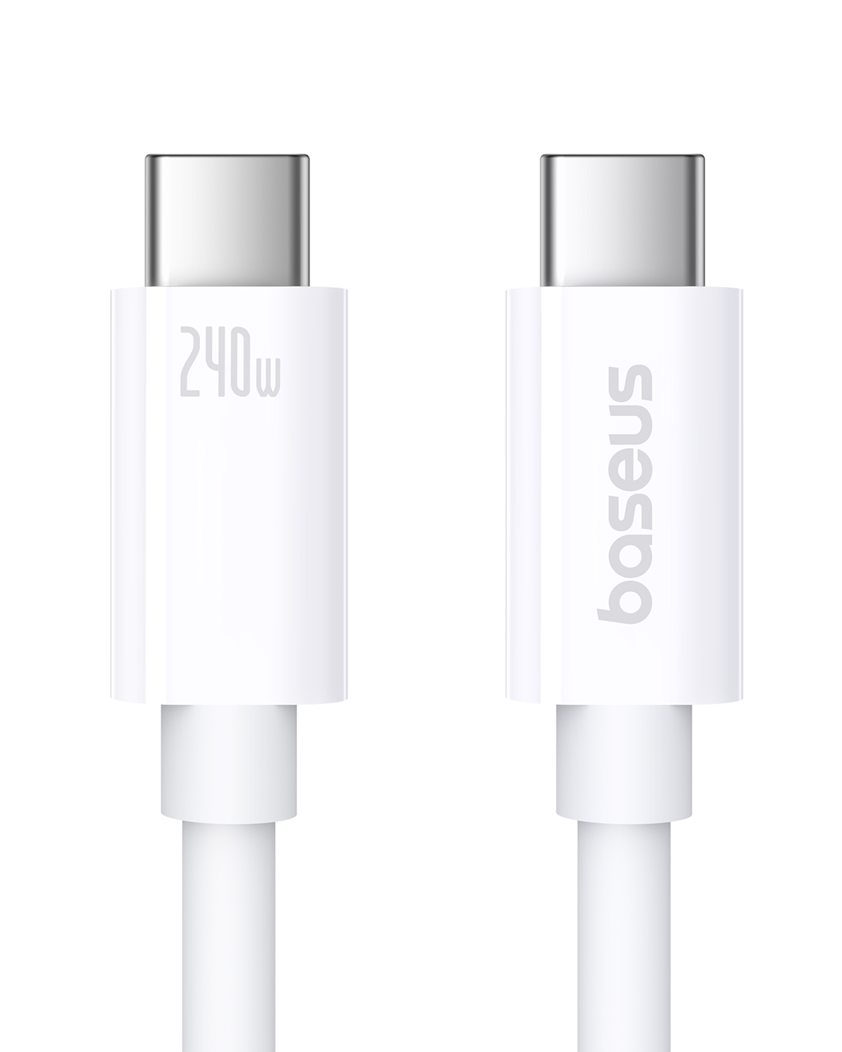 Dos extremos de cable USB-C blancos con conectores plateados. Uno muestra 240W.
