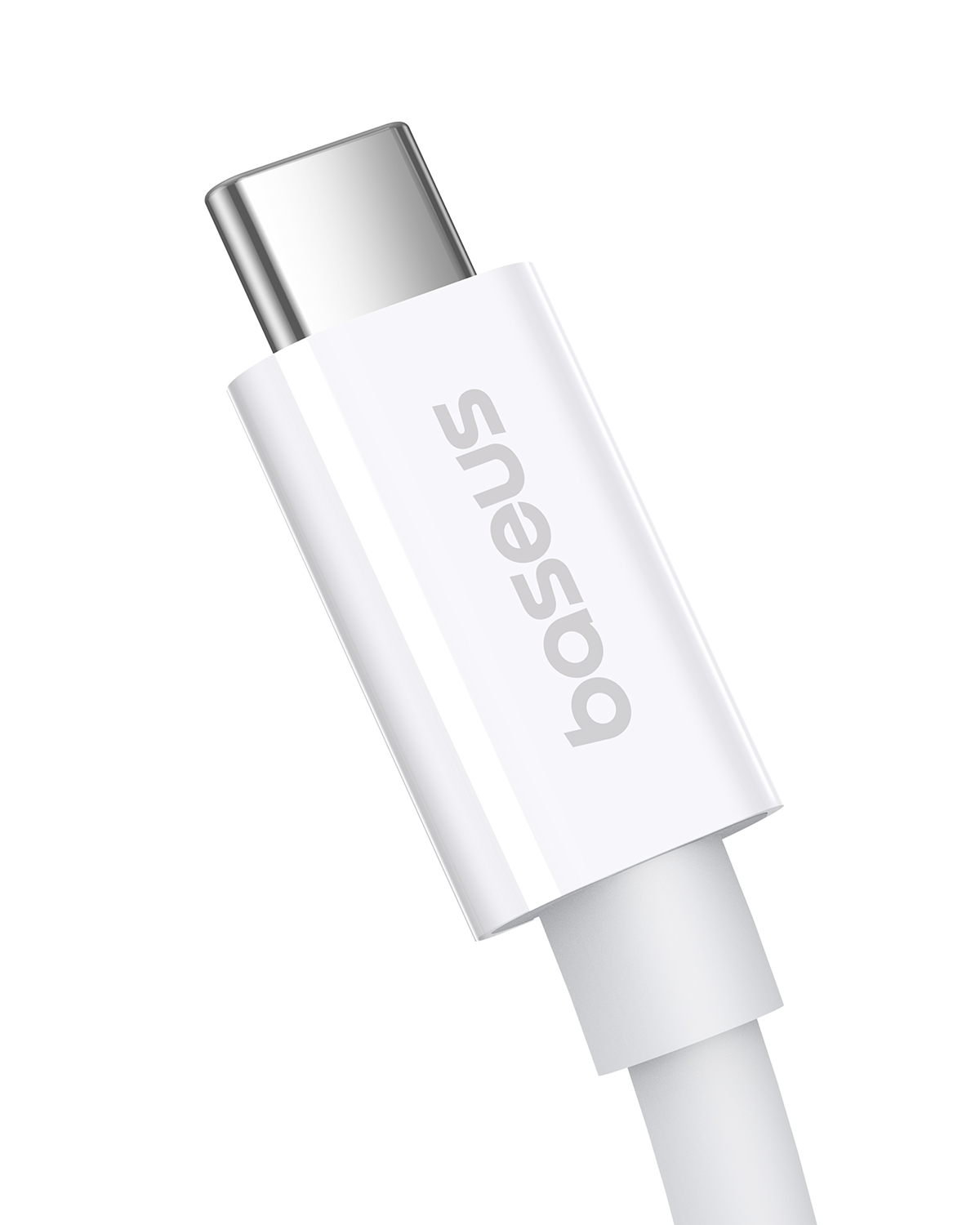 Un cable USB-C blanco con conector plateado y logo Baseus.
