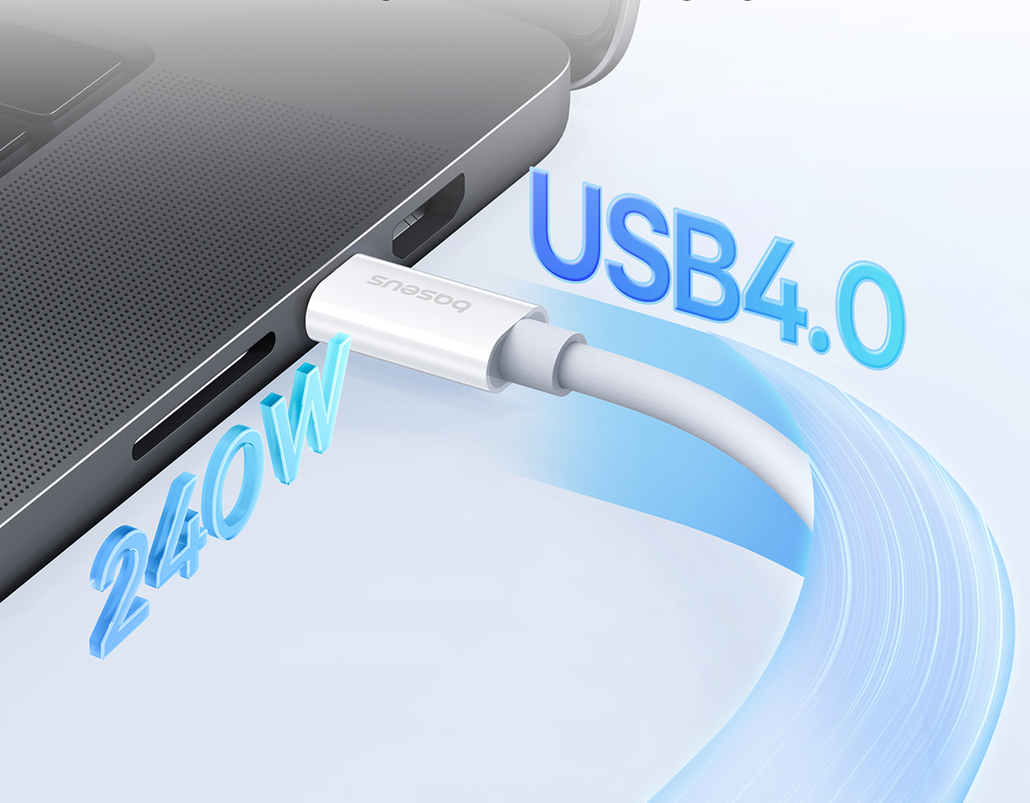 Un cable USB-C blanco se conecta a un portátil. Se muestran 240W y USB4.0.