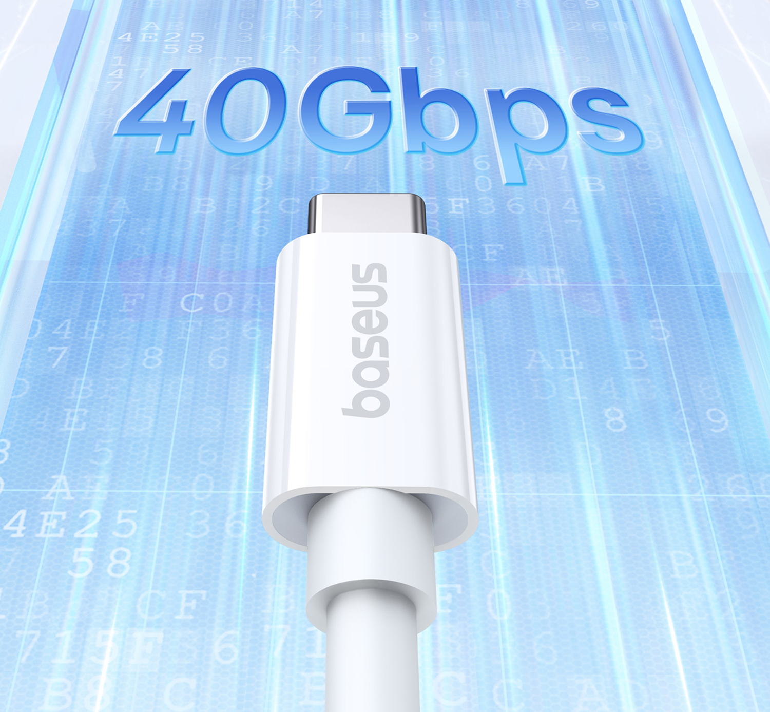 Un cable USB-C blanco con logo "baseus" y texto "40Gbps".