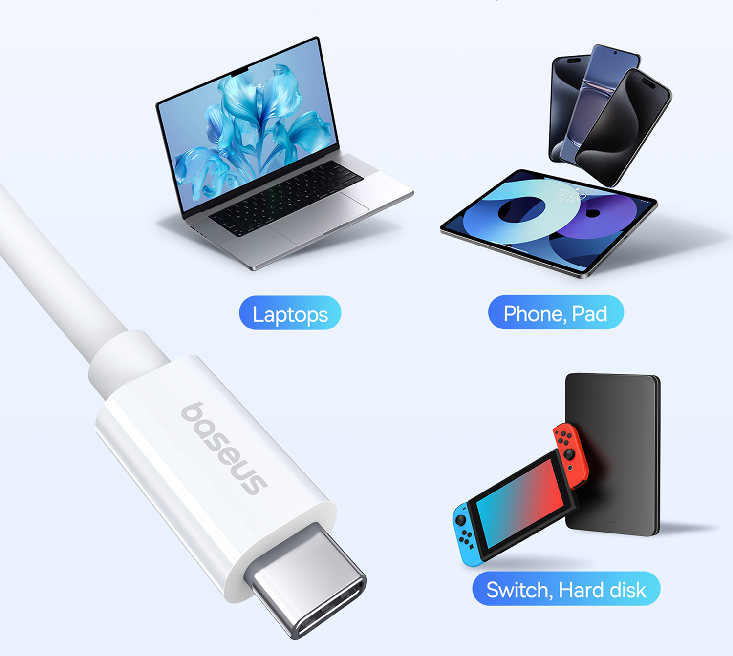 Un cable USB-C junto a portátiles, smartphones, una tablet y una Switch.