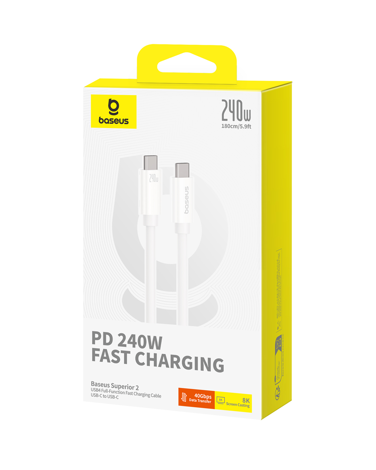 Embalaje de un cable de carga Baseus USB4 blanco con 240W de potencia.