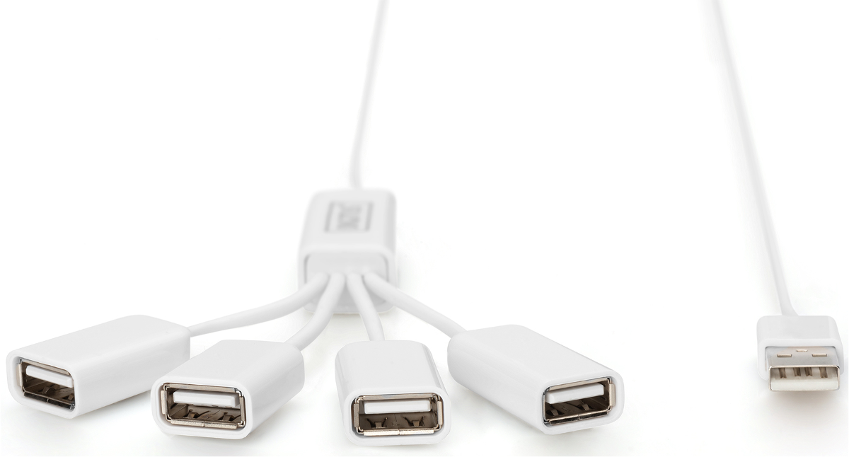 Ein weißer USB-Hub mit vier Anschlüssen und einem Stecker.