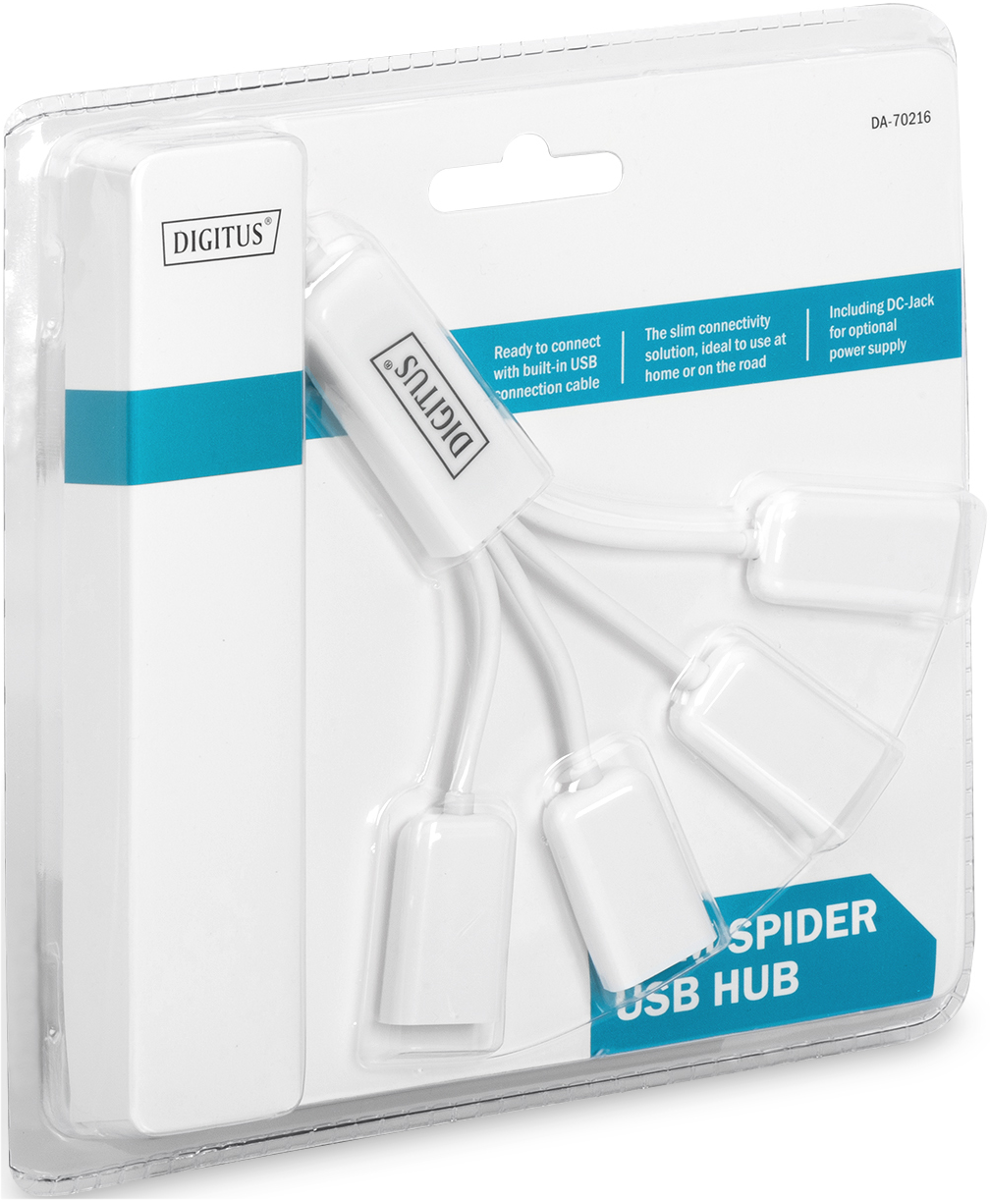 Wei;er USB-Hub mit vier Anschlüssen in Verpackung mit Aufdruck.