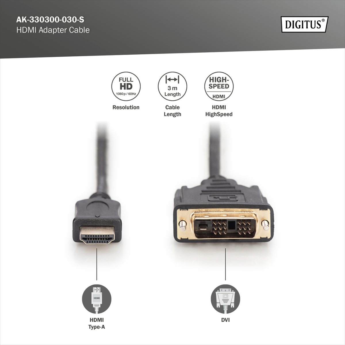 HDMI-Adapterkabel mit HDMI-Typ-A- und DVI-Anschlüssen, 3m lang, Full HD.