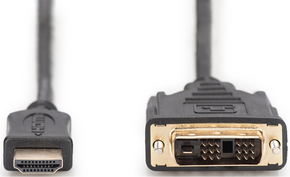 Ein HDMI- und ein DVI-Anschlusskabel auf weißem Hintergrund.