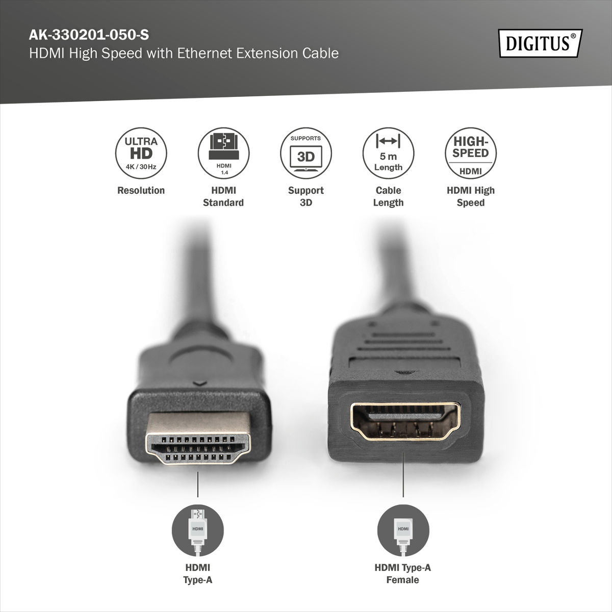 DIGITUS HDMI Kabel: Typ-A Stecker auf Typ-A Buchse. Unterstützt Ultra HD, 3D, 5m Länge.