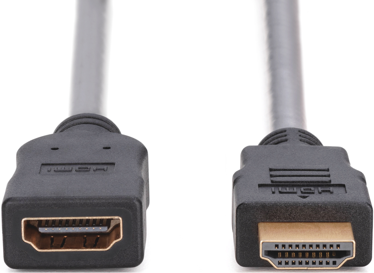 Zwei schwarze HDMI-Kabelanschlüsse mit goldenen Kontakten auf weißem Hintergrund.