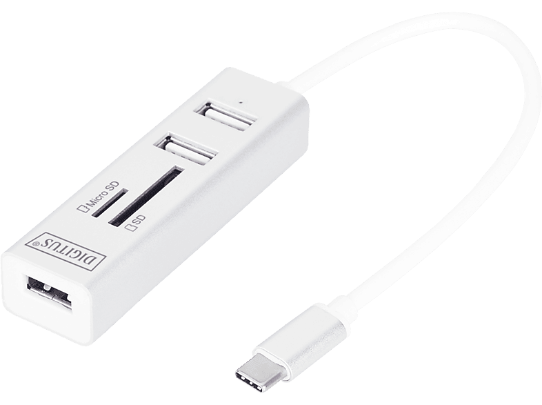 DIGITUS USB-C OTG 3-Port Hub + SD und MicroSD Kartenleser, Weiß; USB Hub
